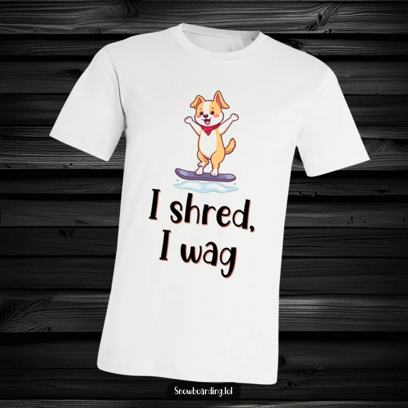 Funny t-shirt showcasing a joyful dancing dog expertly balancing on a snowboard, tail wagging with pure delight, a hilarious snow sport design.