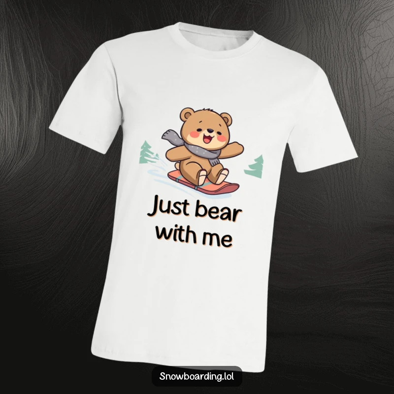 Funny t-shirt showcasing a joyful bear masterfully snowboarding down a snowy slope with a huge grin, embodying winter adventure.