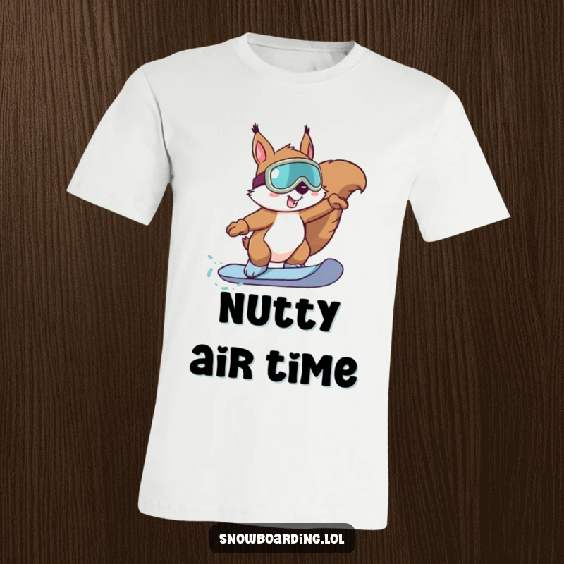 Funny Squirrel Snowboard T-Shirt: A determined squirrel wearing goggles performs a cool trick on a snowboard.
