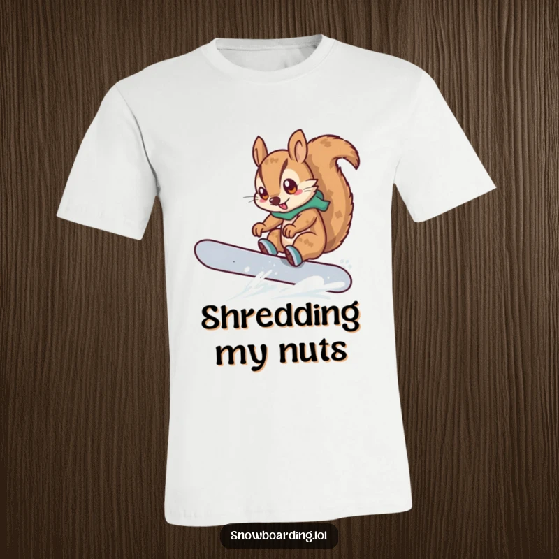 Funny t-shirt featuring a determined squirrel performing a trick on a snowboard, a cartoon character embodying winter sports spirit.