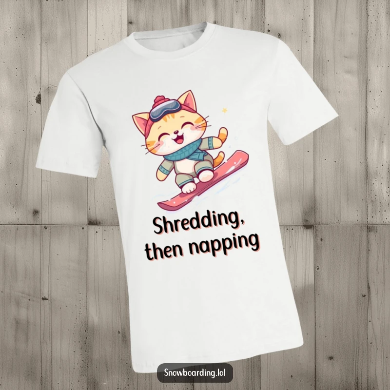 Funny snowboarding cat t-shirt, a happy feline expertly carving down a snowy mountain with a huge smile and determined eyes.