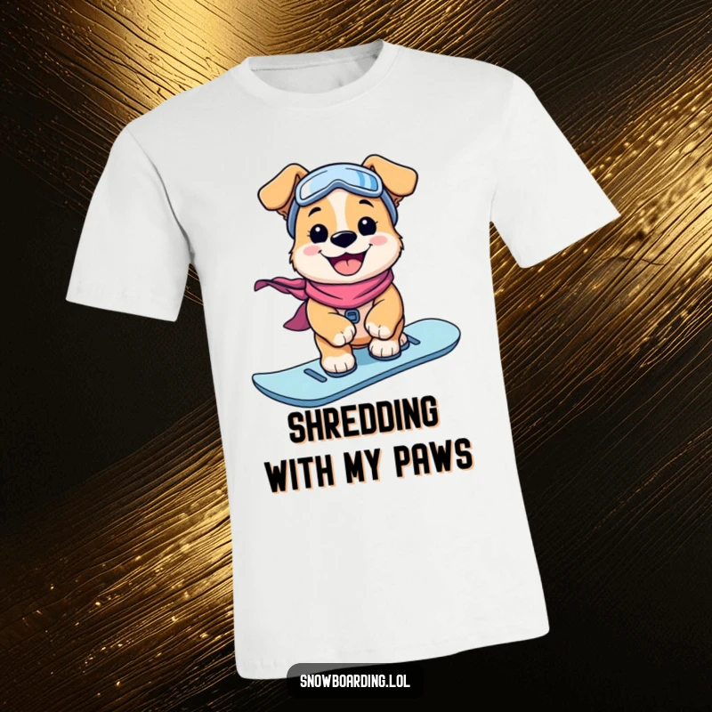 Funny T-Shirt: A happy, grinning puppy confidently rides a snowboard down a snowy mountain, radiating winter joy.