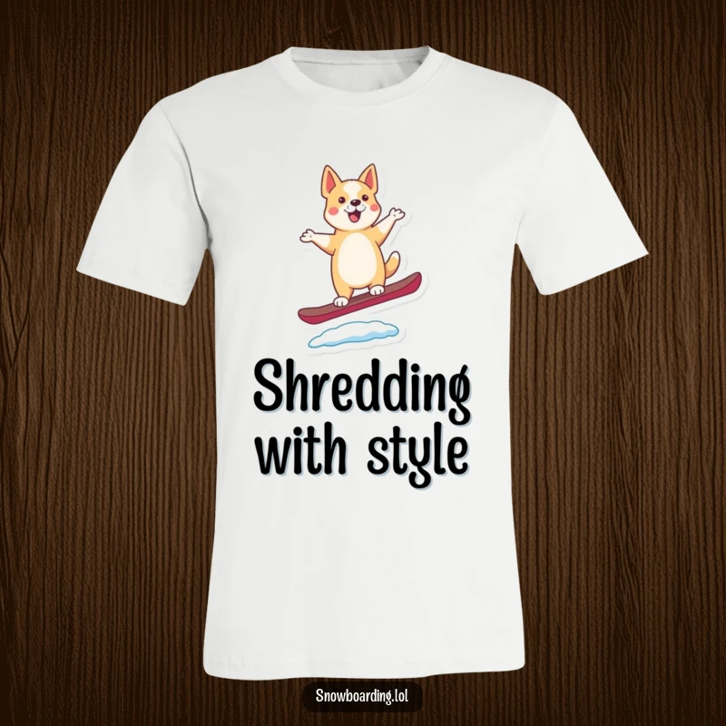 Funny t-shirt featuring a joyful, dancing dog balancing on a snowboard, its tail wagging energetically.