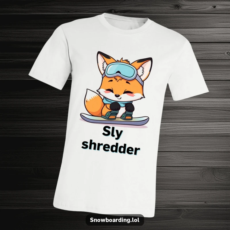 Funny curious fox with a slight smile inspecting snowboard bindings, a humorous tee highlighting winter gear preparation.