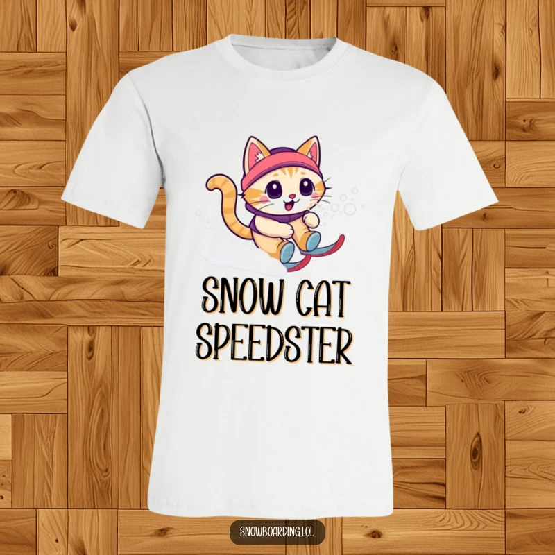 Funny cat snow zoomie t-shirt depicting a cat joyfully speeding down a snowy hill, spraying snow with exhilaration.