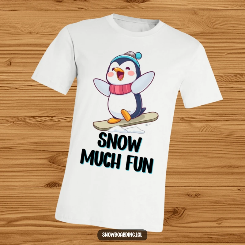Funny Penguin Snowboarder T-Shirt: A delighted penguin with a joyful expression attempting a wobbly, comical snowboard trick.