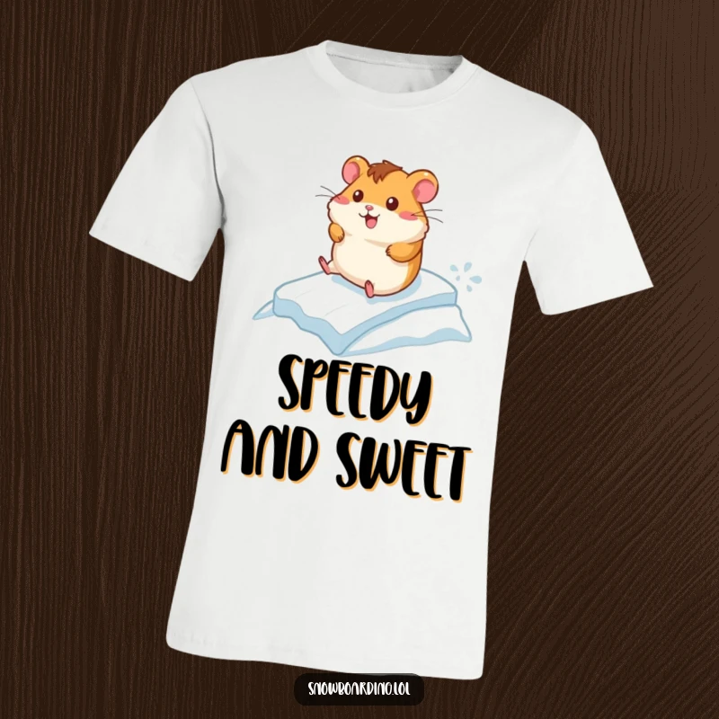 Funny t-shirt featuring a cheerful hamster racing energetically down a small icy incline, conveying swiftness and adorable fun.