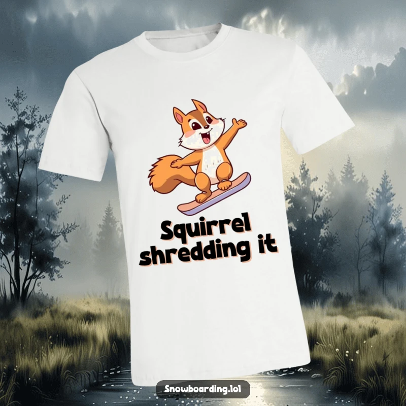 Funny squirrel snowboard t-shirt featuring a dynamic squirrel performing a jump on a small snowboard, designed for humor and action.