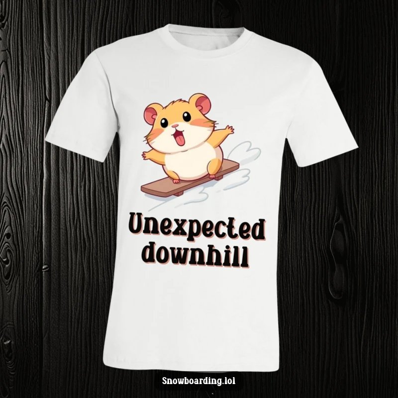 Funny t-shirt depicting a surprised hamster in a comical tumble down a snowy hill on a snowboard, looking startled.