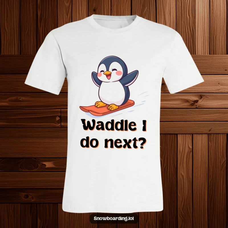 Funny joyful penguin carving down a snowy slope on a snowboard on a t-shirt.
