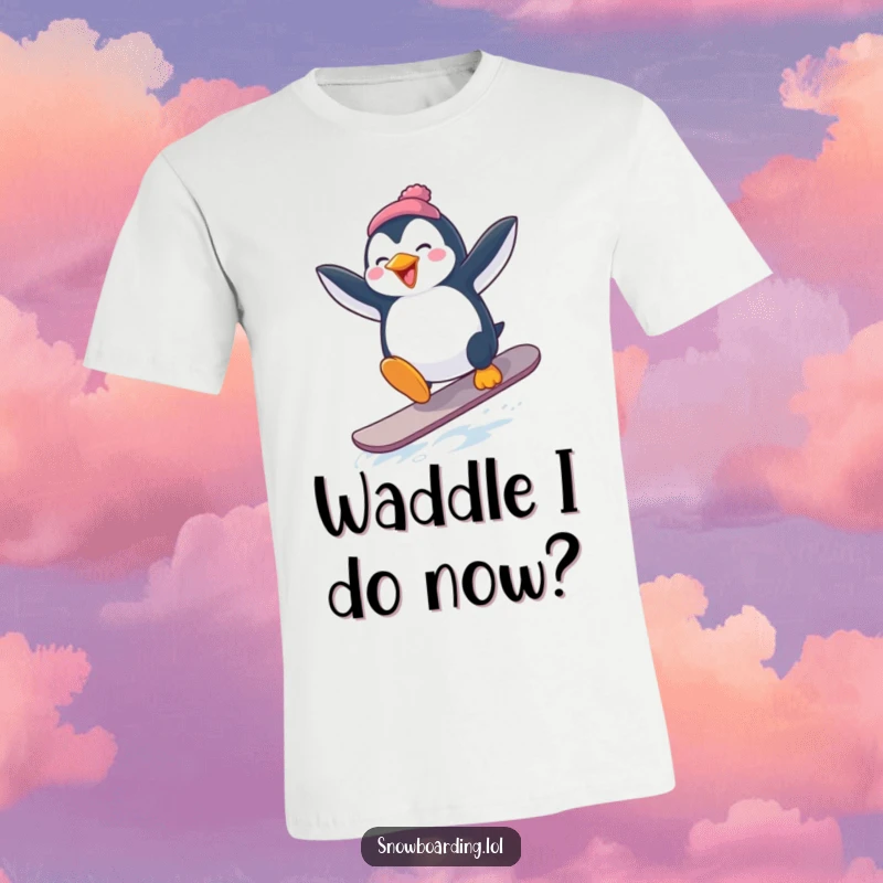 Funny Penguin Snowboard T-Shirt: A penguin comically attempts a snowboard jump, flailing its arms in the air.