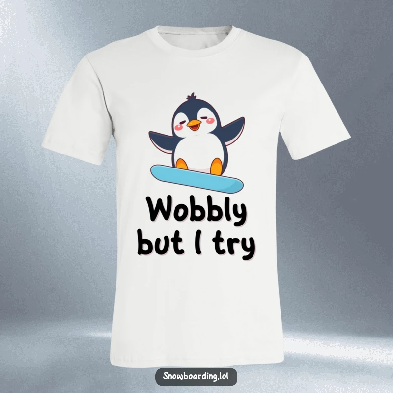 Funny penguin snowboarding t-shirt, a silly penguin attempting a spin with arms flailing wildly, capturing epic fails.