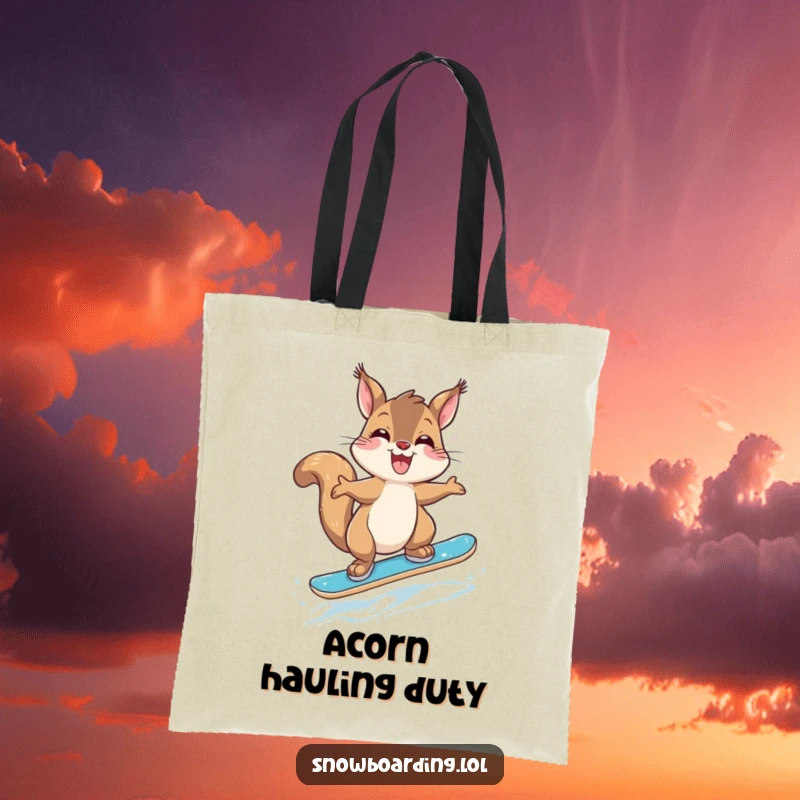 Funny Giggling Squirrel Snowboarder Tote Bag: A cute squirrel mid-jump on a snowboard, perfect for carrying daily items.