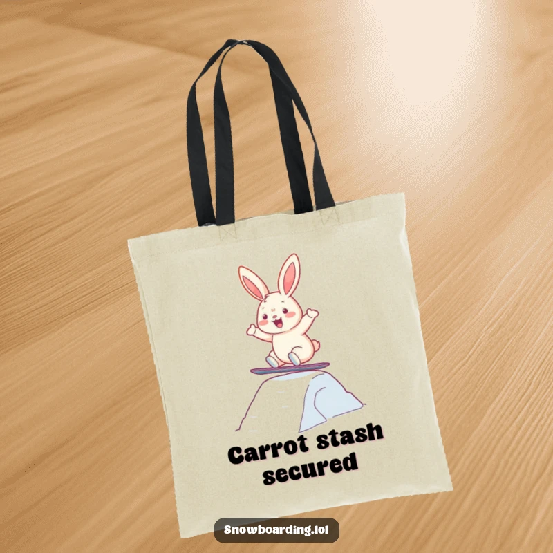 Funny tote bag with a cheerful bunny snowboarding and jumping, perfect for carrying essentials with a humorous vibe.