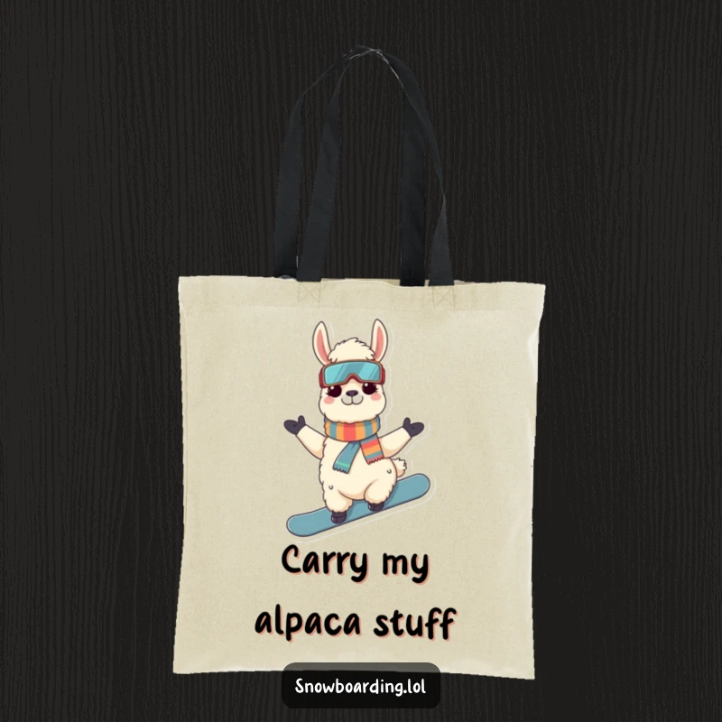 Funny Llama Snowboarder Tote Bag: A cool llama posing on a snowboard, ideal for carrying groceries or gear with a touch of humor.