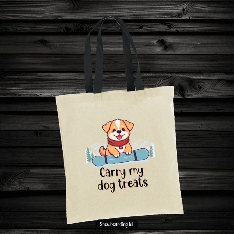 Funny Content Dog Snowboarder Tote Bag: A cute dog sitting relaxed on a snowboard at the mountain top, perfect for shopping.