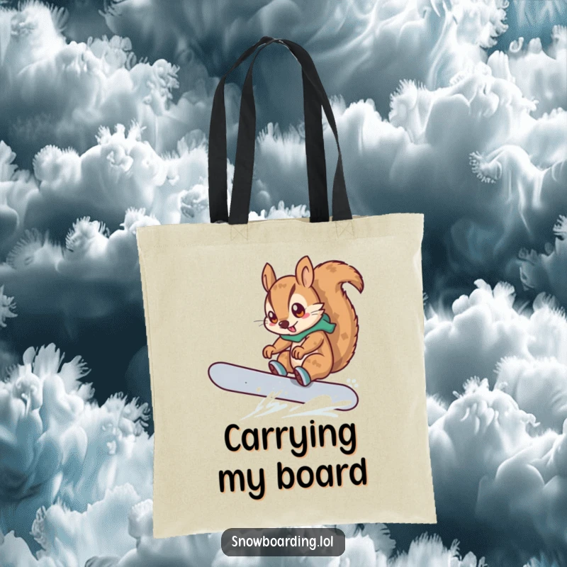 Funny tote bag showing a determined squirrel snowboarding, executing a trick, a cartoon character ready for winter action.