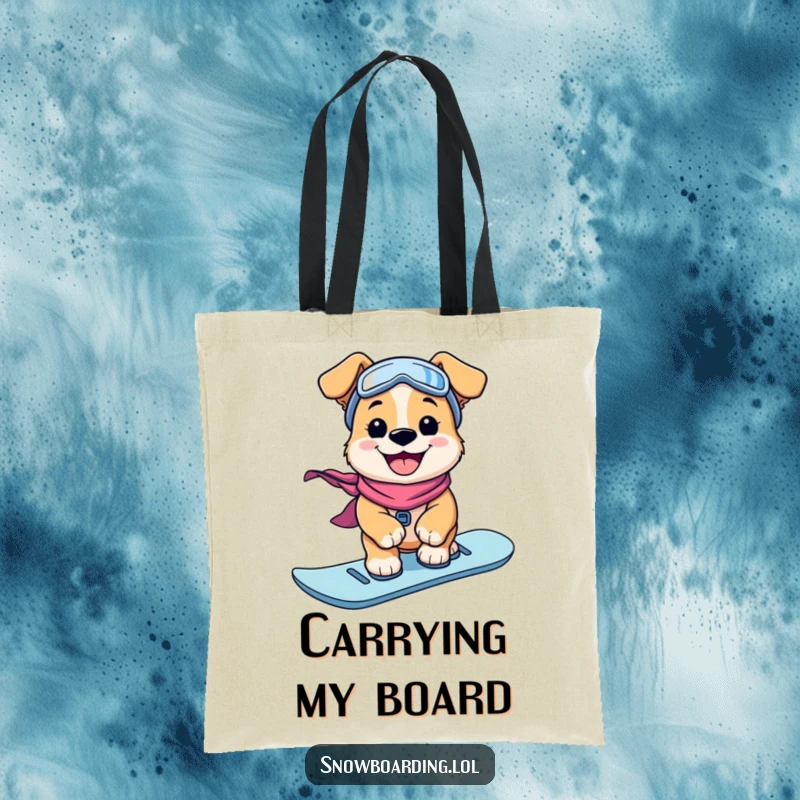 Funny Tote Bag: A grinning puppy rides a snowboard, perfect for carrying groceries or gear with a dose of humor.