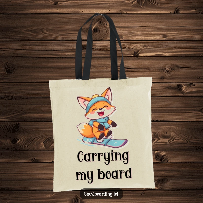 Funny tote bag with a joyful fox catching air on a snowboard, grinning widely, ready for snowy adventures.