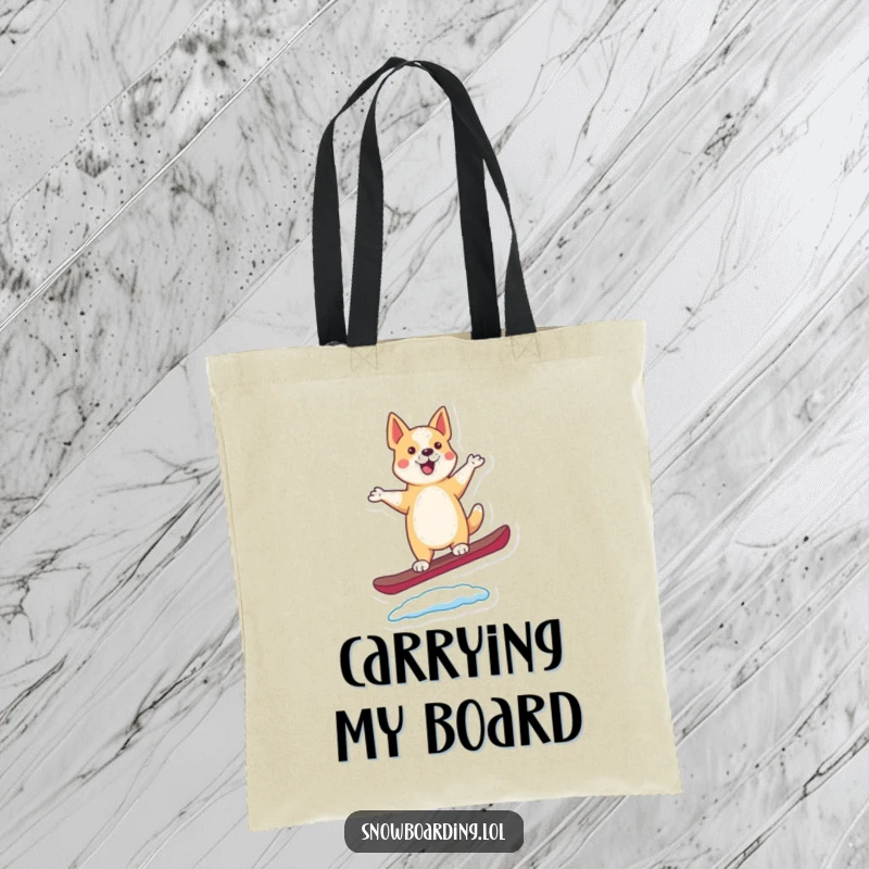 Funny tote bag featuring a happy, dancing dog balancing on a snowboard, its tail wagging enthusiastically.