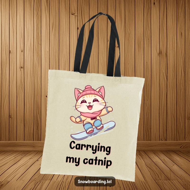 Funny tote bag with a curious cat grinning while snowboarding a turn, great for shopping or carrying essentials.