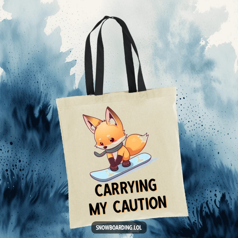 Funny curious fox cautiously testing the edge of its snowboard on a humorous tote bag design.