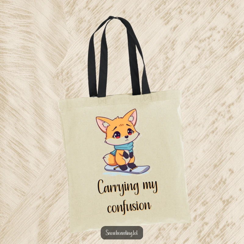 Funny tote bag with a confused fox trying to figure out how to stand on a snowboard.