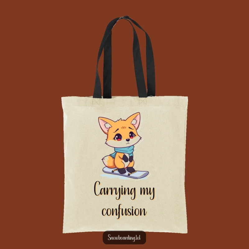 Funny Fox Tote Bag, Confused Snowboarder Carryall for Winter Enthusiasts