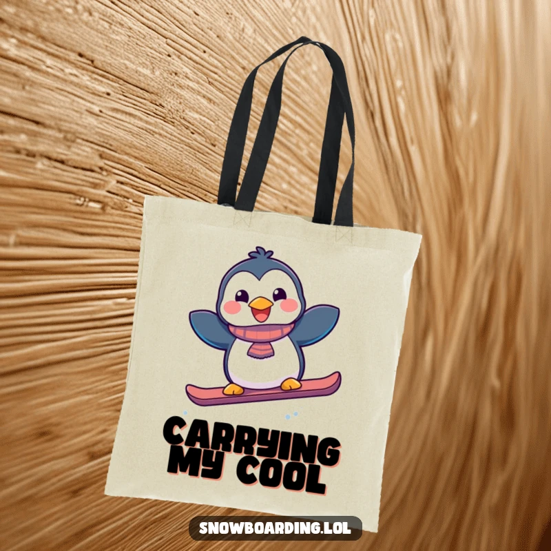 Funny joyful penguin mid-air with a snowboard, a humorous tote bag for winter sports fans and everyday use.