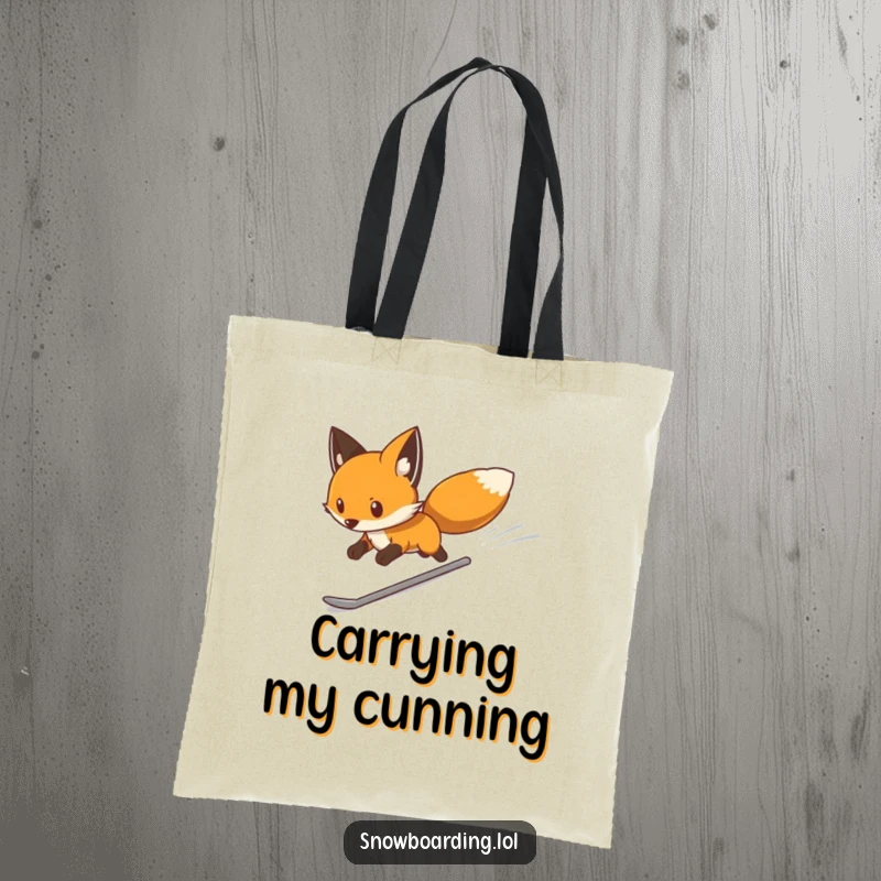 Funny tote bag illustrating a determined fox snowboarding swiftly down a white slope, a humorous accessory for carrying essentials with speed.