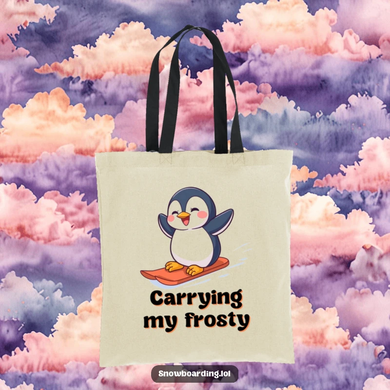 Funny joyful penguin carving down a snowy slope on a snowboard on a tote bag.