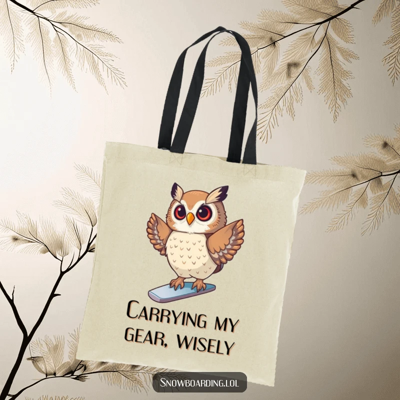Funny Tote Bag showcasing a proud owl striking a pose on a snowboard, perfect for carrying essentials with witty winter sports flair.