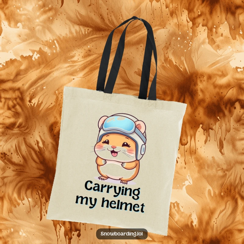 Funny Tote Bag: A giggling hamster wears a snowboard helmet, perfect for carrying items with humor.
