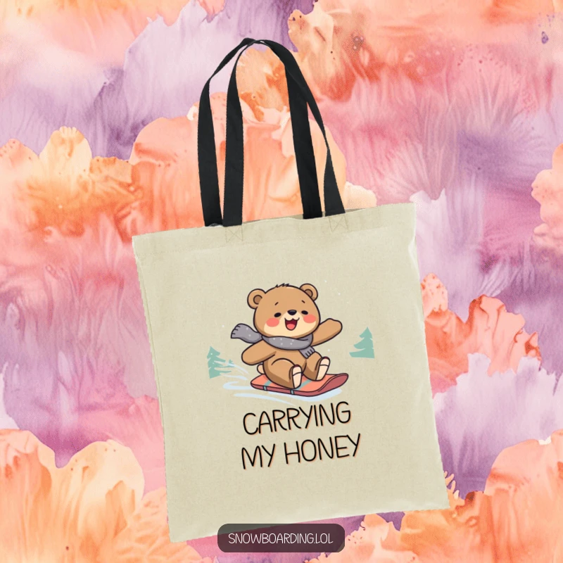 Funny tote bag featuring a joyful bear expertly snowboarding down a snowy hill, perfect for carrying essentials with humor.