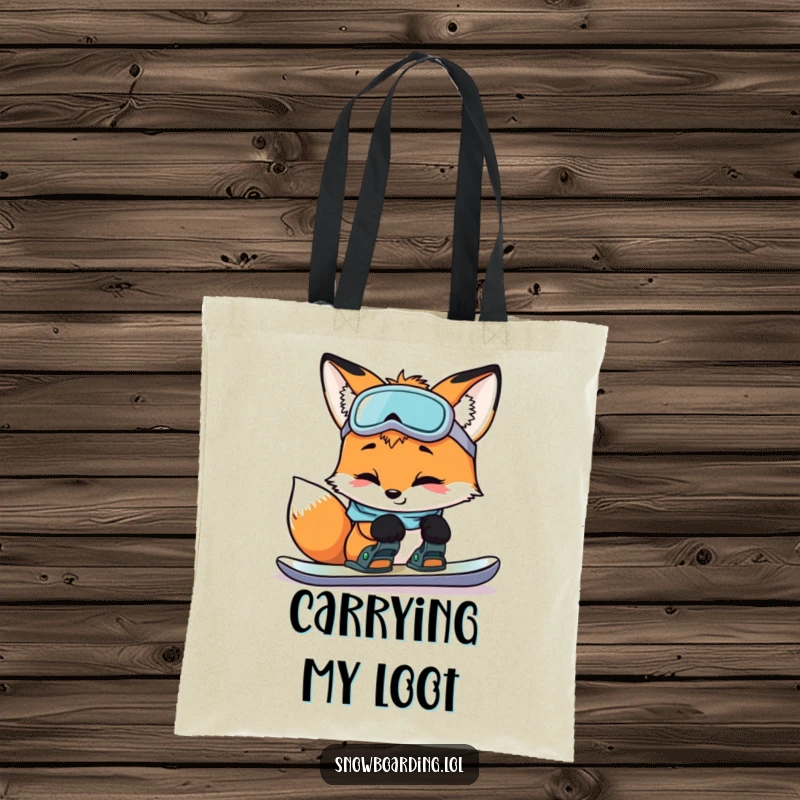Funny curious fox inspecting snowboard bindings with a smile, printed on a humorous tote bag for organized and funny outings.
