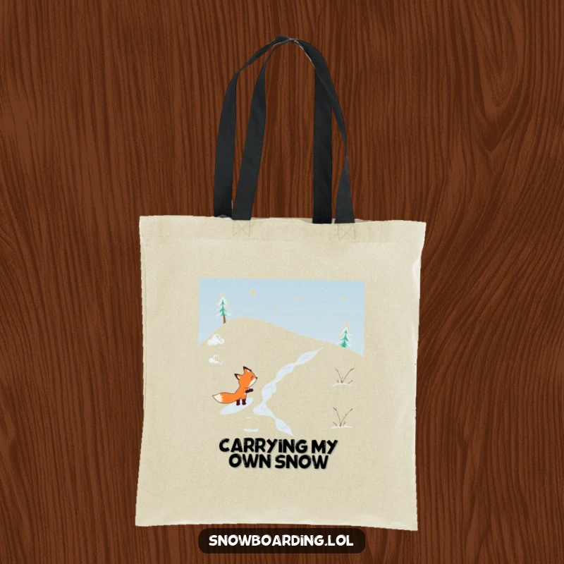 Funny tote bag with a determined fox skiing down a snowy hill, perfect for carrying items with a humorous, adventurous flair.