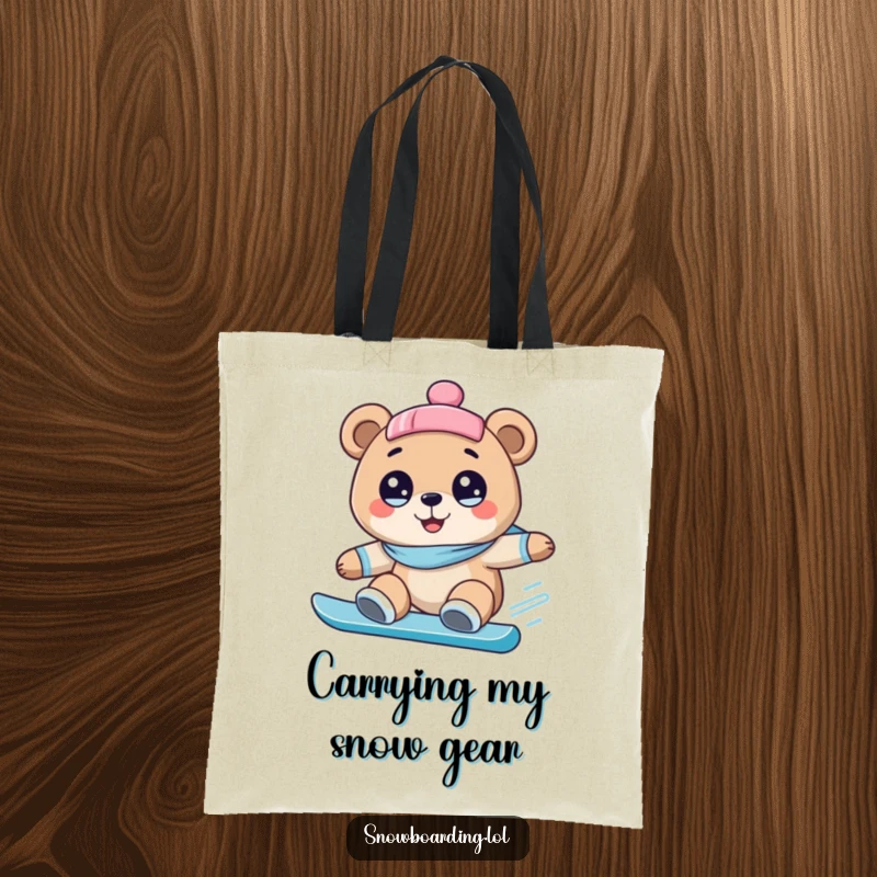 Funny tote bag with a happy bear sporting wide eyes, snowboarding downhill in a hilarious and energetic fashion.