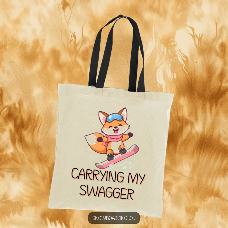 Funny happy fox attempting a flip on a snowboard on a tote bag.