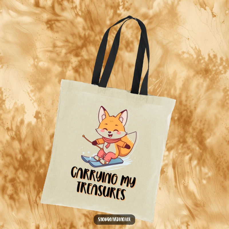Funny tote bag with a smiling fox snowboarding and carving turns, perfect for carrying essentials with clever humor.
