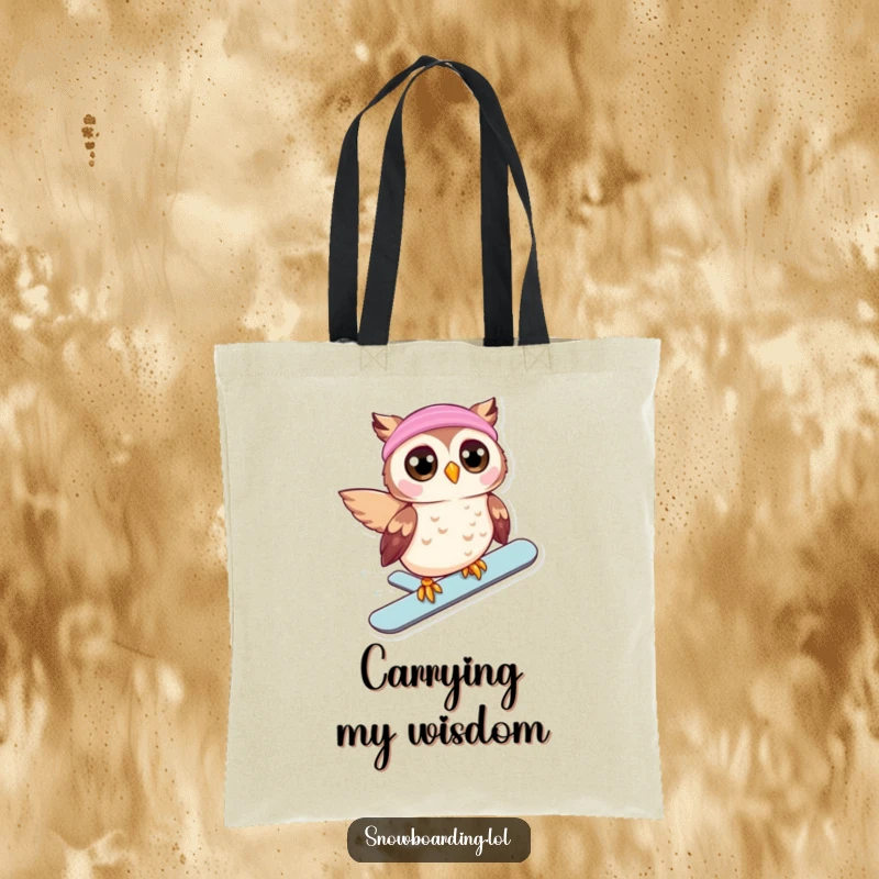 Funny tote bag with a beaming owl, eyes wide, snowboarding downhill, ideal for carrying items with winter adventure humor.