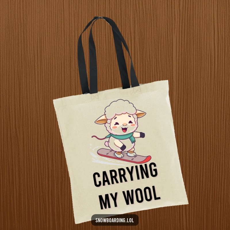 Funny giggling sheep trying to steer a snowboard, depicted on a durable and humorous tote bag.
