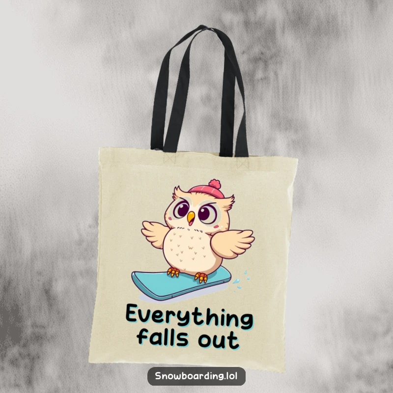 Funny tote bag showcasing a startled owl comically falling off a snowboard, presenting a humorous and practical accessory for daily use.