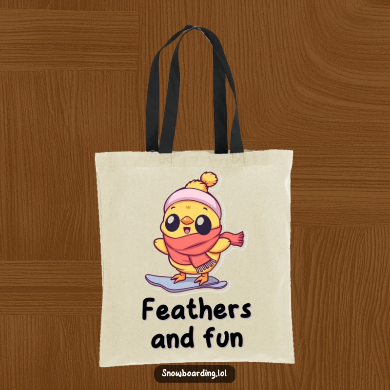 Funny tote bag with a delighted chick in a scarf, enthusiastically snowboarding down a mountain.