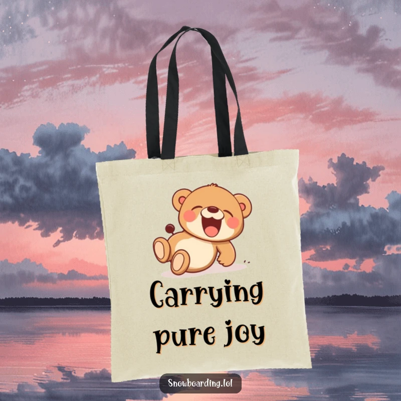 Funny tote bag featuring a bear cub tumbling downhill, laughing with pure joy, a cartoon character ready for adventure.