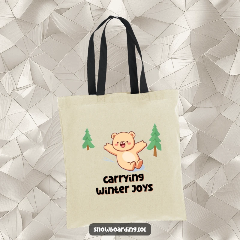 Funny bear tote bag, happily sliding down a snowy slope with arms outstretched, perfect for carrying winter essentials.
