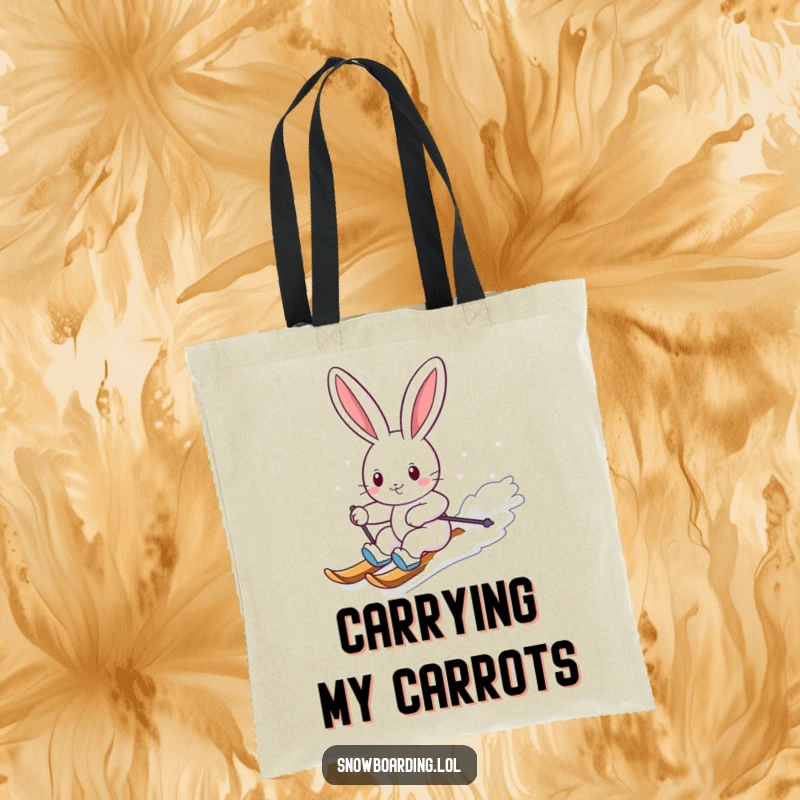 Funny tote bag with a cheerful bunny carving down a snowy slope on a snowboard, ready to carry your gear with humor.