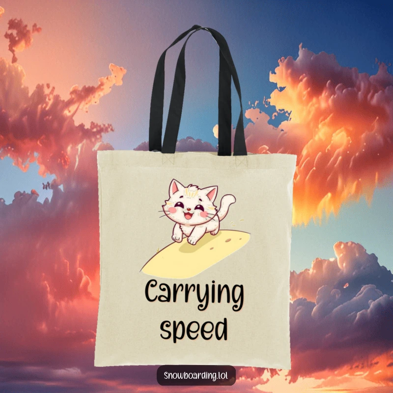 Funny cat tote bag, smiling and a blur of fur speeding downhill, ideal for carrying items with feline flair.