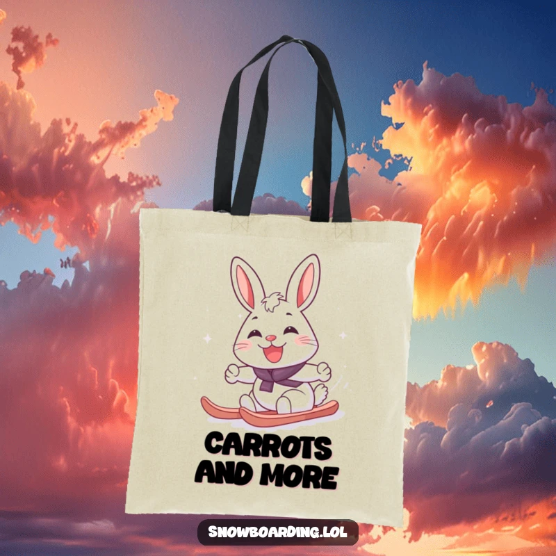 Funny cheerful rabbit carving a snowboard turn with a wide smile, printed on a humorous tote bag for cheerful errands.