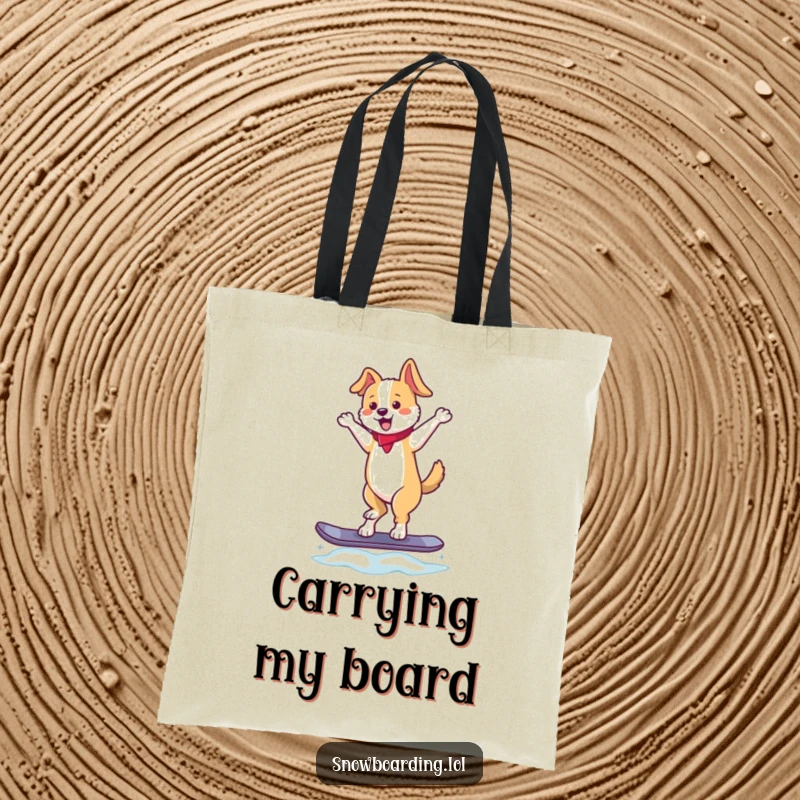 Funny tote bag illustrating a dancing dog gracefully balancing on a snowboard, tail wagging, a whimsical and humorous tote for any user.