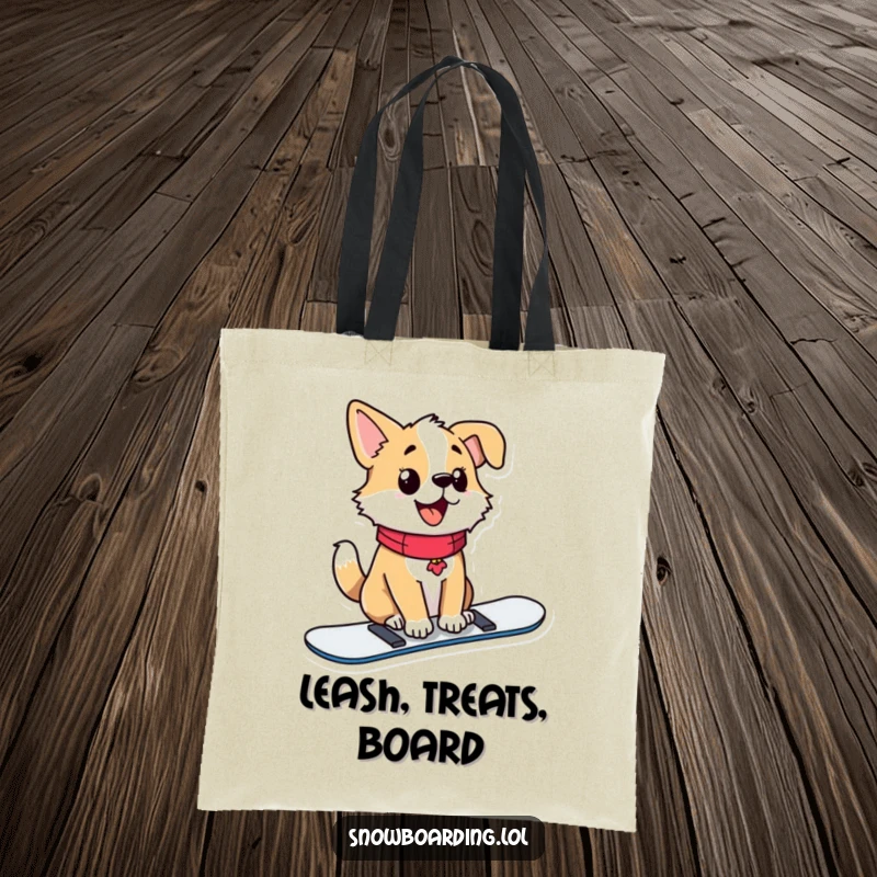 Funny tote bag with a proud dog sitting alertly on a snowboard, tail wagging with pride.